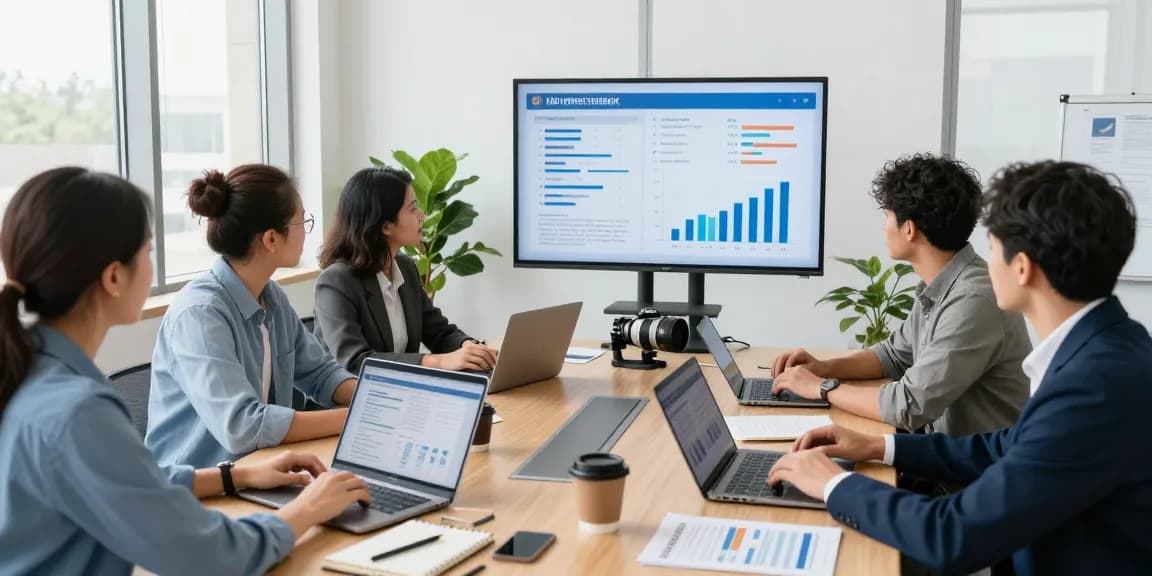 Bewertungsplattform Führung: Team bei der Analyse von Leadership-Bewertungen in einem modernen Büro.
