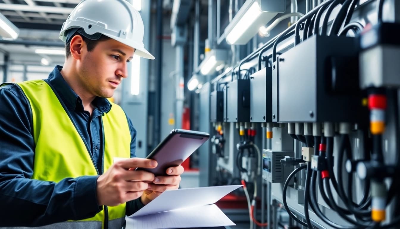 Technician performing a DGUV V3 Prüfung on electrical devices with safety gear in a professional environment.