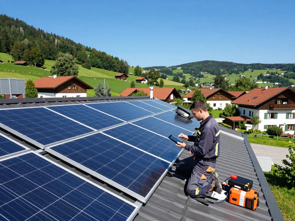 Techniker inspiziert Solarpaneele in Bayern und präsentiert Photovoltaik Bayern sowie Lösungen für erneuerbare Energien.