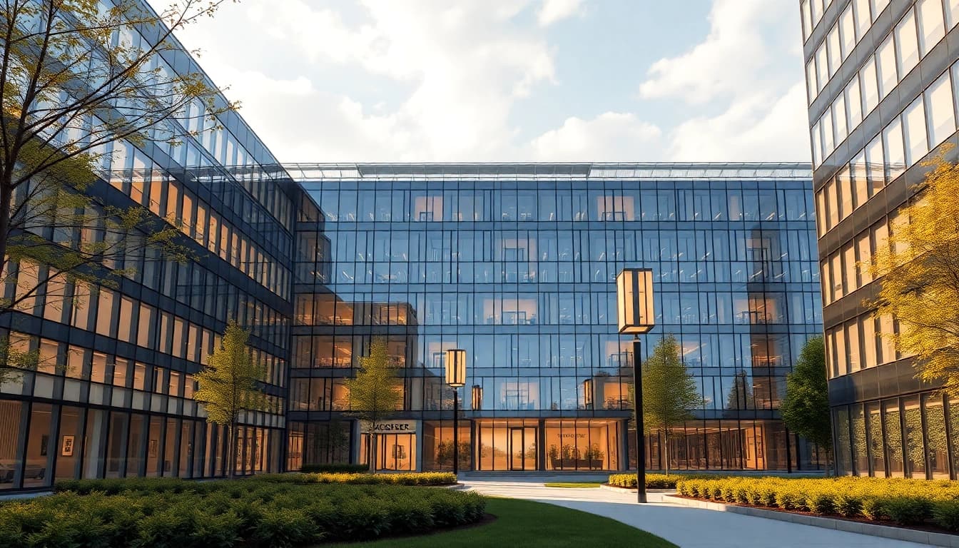 Architekturvisualisierung eines modernen Gebäudes, das durch lebendige Farben und Lichtakzente bestechen.
