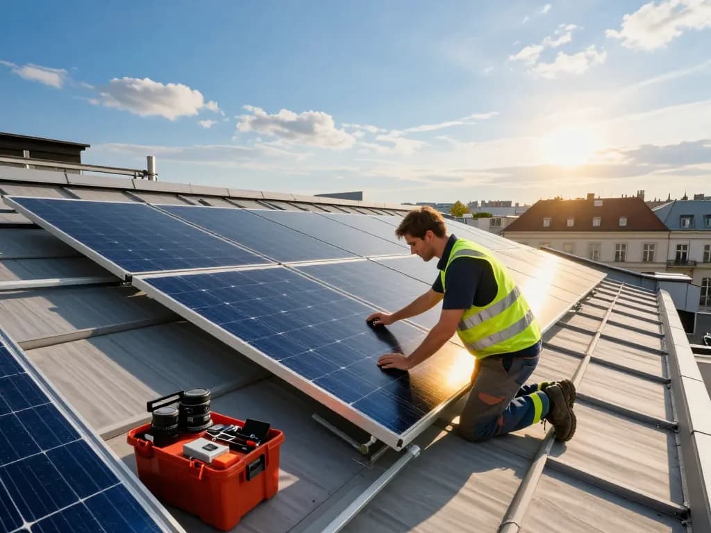 Techniker installiert Solarpanels in Solar Wien und präsentiert nachhaltige Energielösungen.