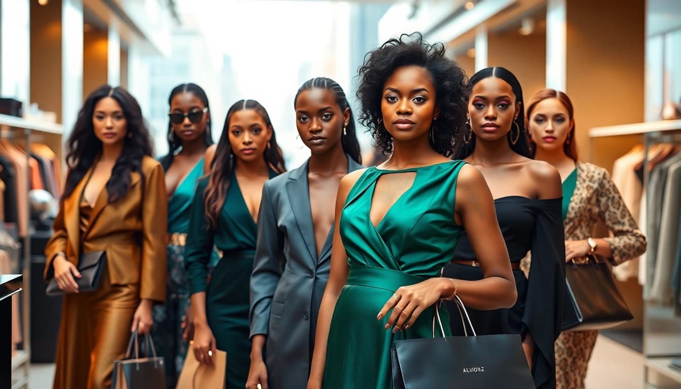 Models showcasing Alvionz luxury fashion collection in a stylish boutique.