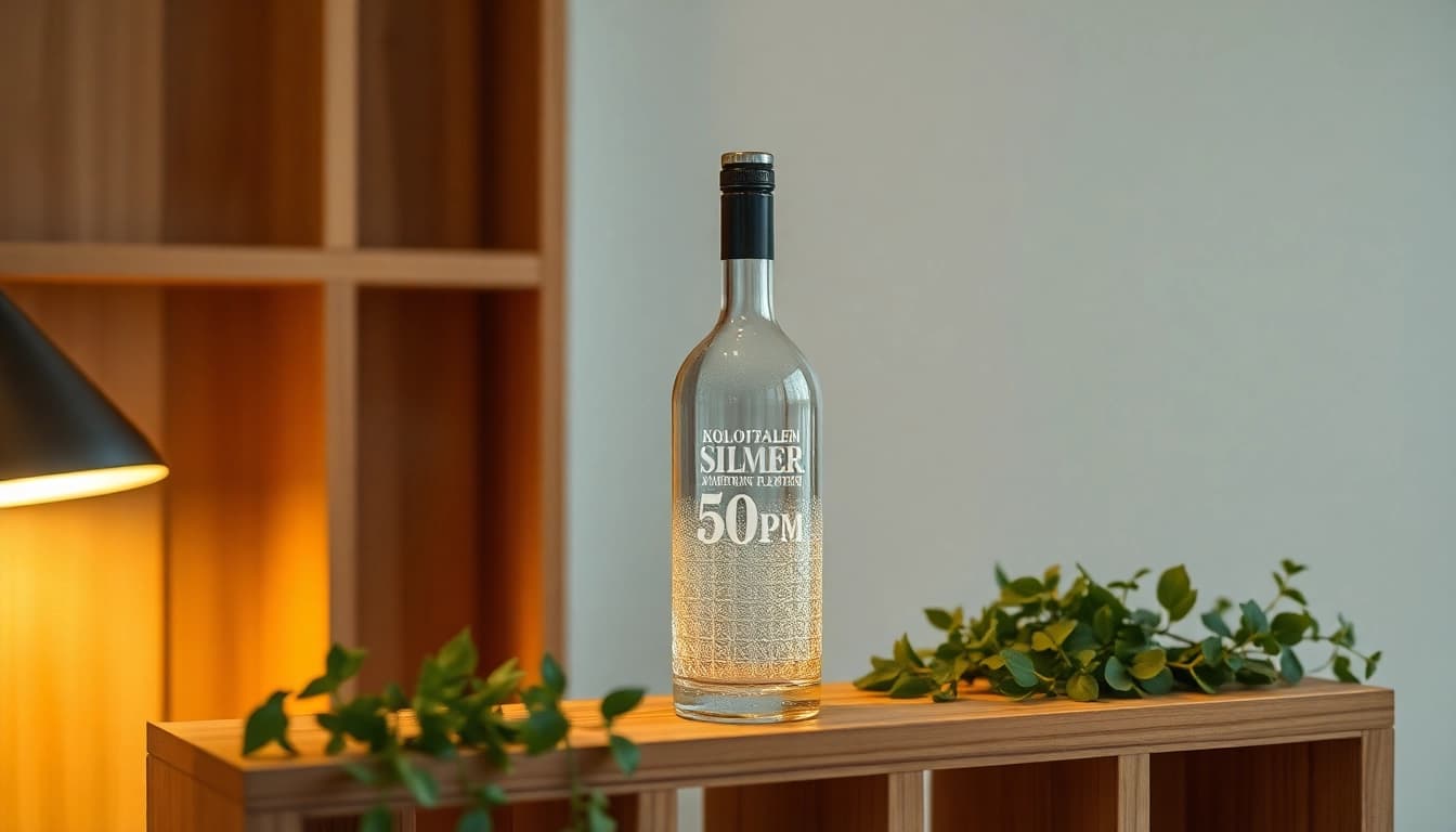 Kolloidales Silber 50 ppm in einem eleganten Glas, umgeben von Kräutern auf einem Holzregal.