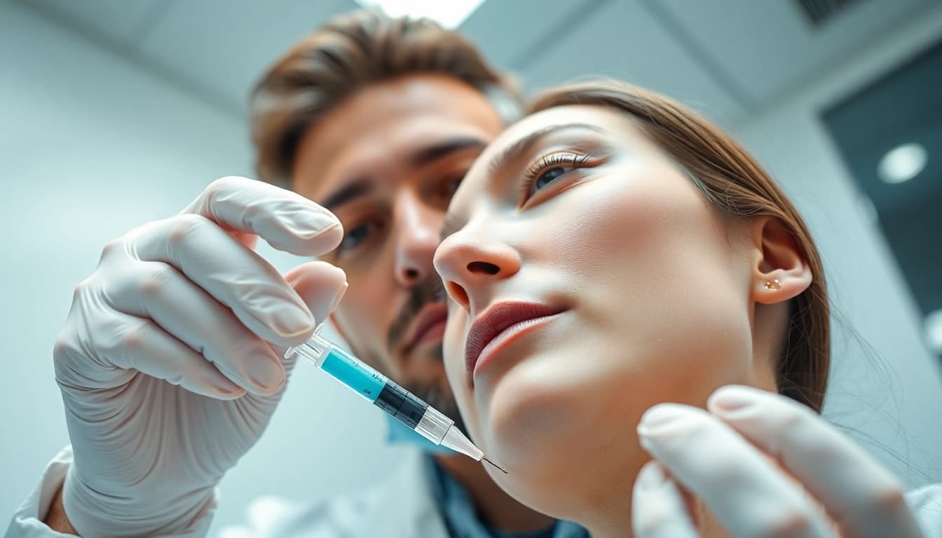 Exosome-Anwendung zur Hautverjüngung durch einen Dermatologen in modernem Ambiente.