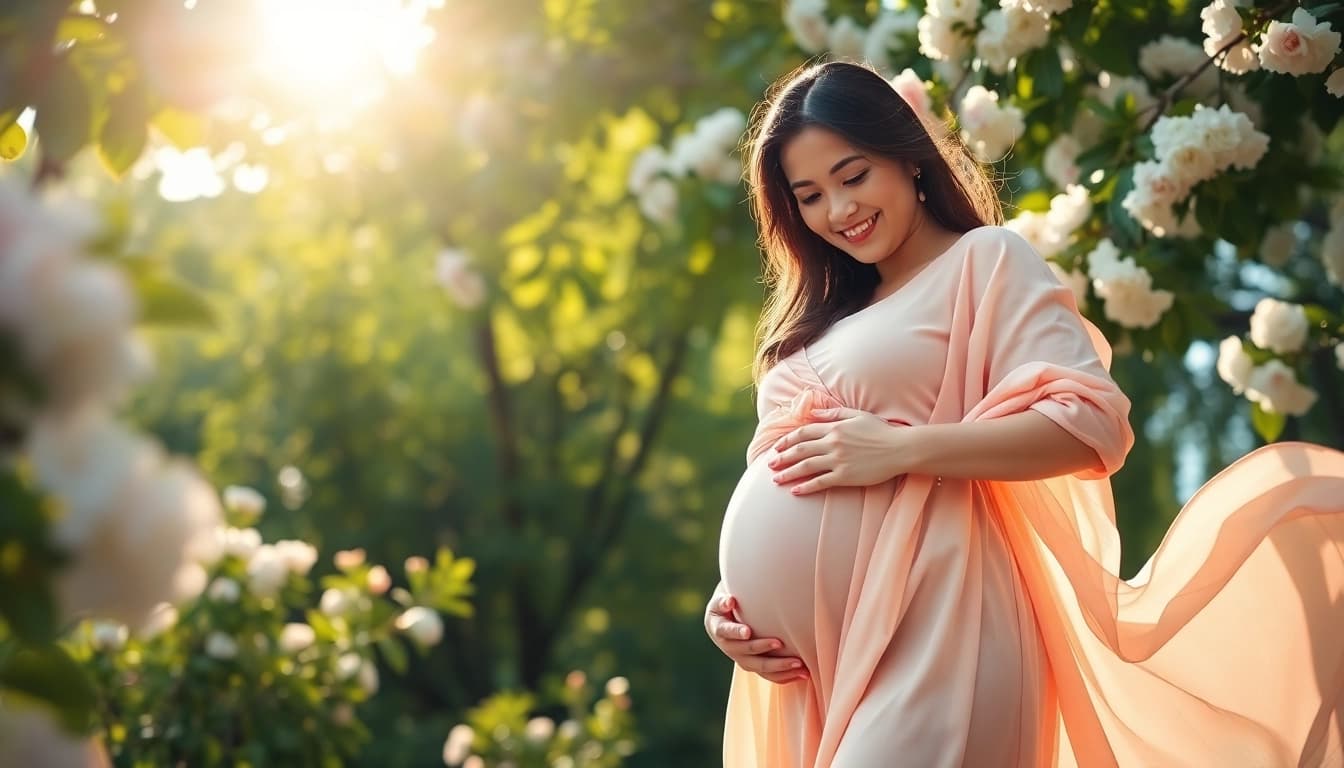 Fange die Schönheit der Babybauch Fotografie ein mit einer schwangeren Frau in der Natur.