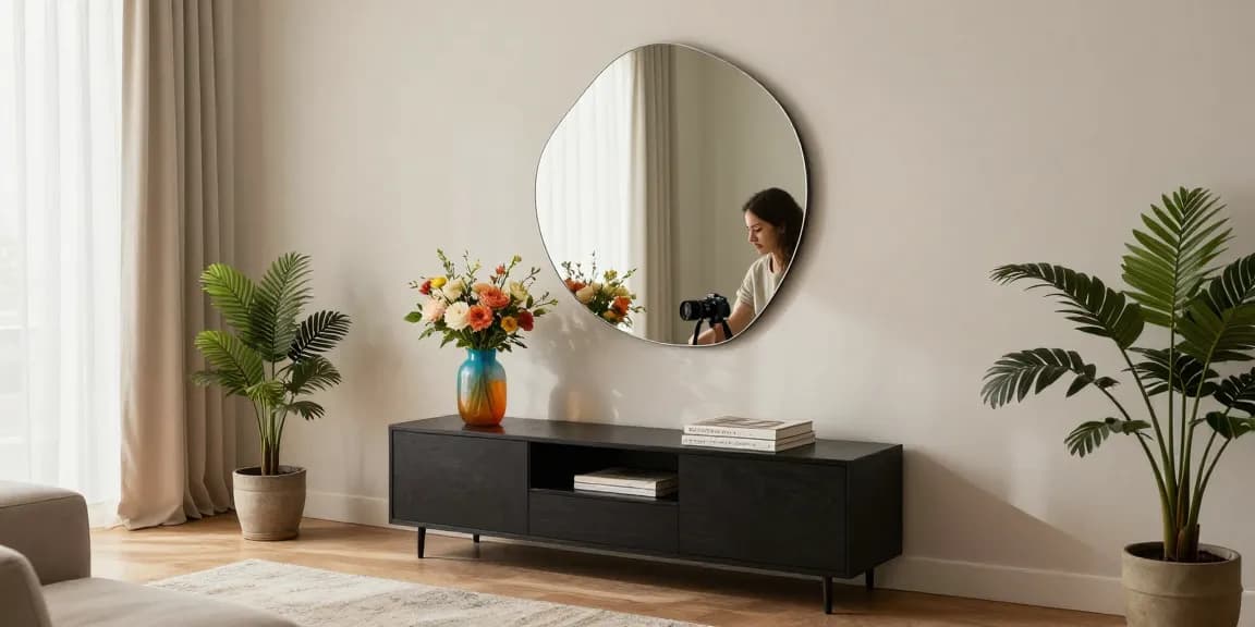 Asymmetrischer Spiegel, der eine stilvolle Wohnzimmerdekoration aufwertet und modernes Innendesign zeigt.