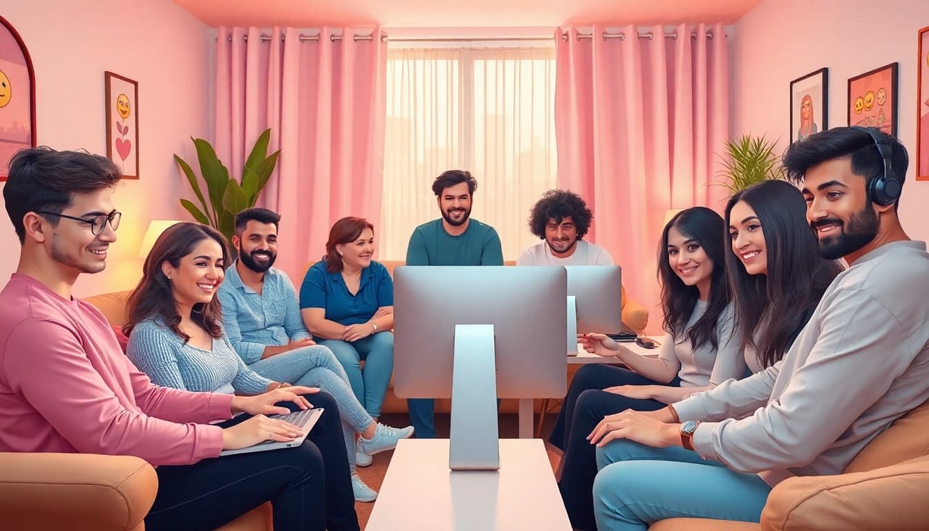 Engaging scene of diverse individuals in sex chat, showcasing lively interactions online.