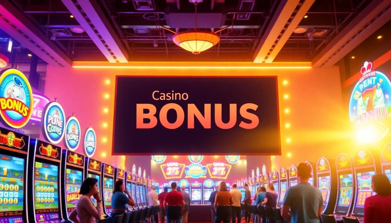 Erlebe einen aufregenden Online Casino Bonus mit leuchtenden Spielautomaten und glücklichen Spielern in einem lebhaften Casino-Ambiente.