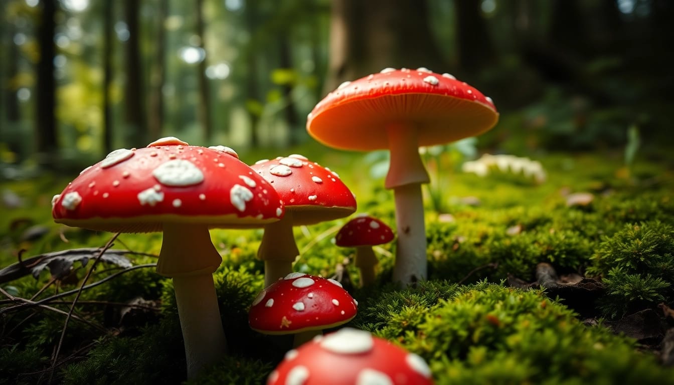Fliegenpilz Pulver aus leuchtenden, roten Fliegenpilzen in einem grünen Wald.