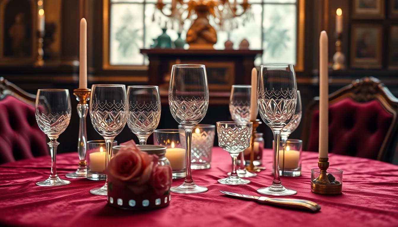 Luxury crystal glassware elegantly arranged on a velvet table, creating an opulent atmosphere.