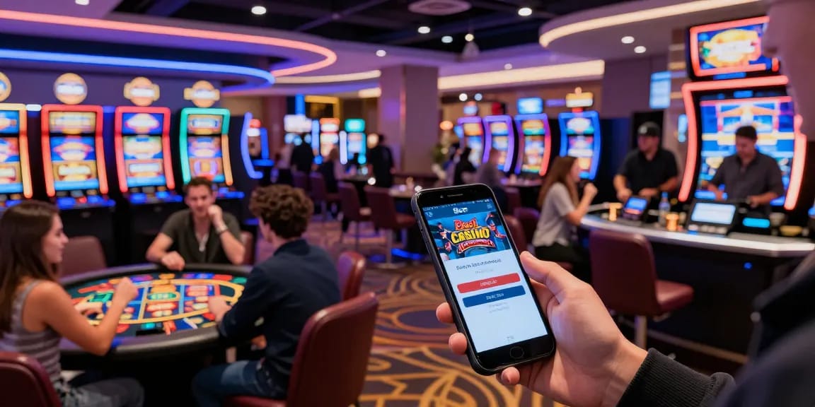 Aufregender Moment beim Beef Casino Login mit Spielern und Neonlichtern, die eine lebhafte Casino-Atmosphäre schaffen.