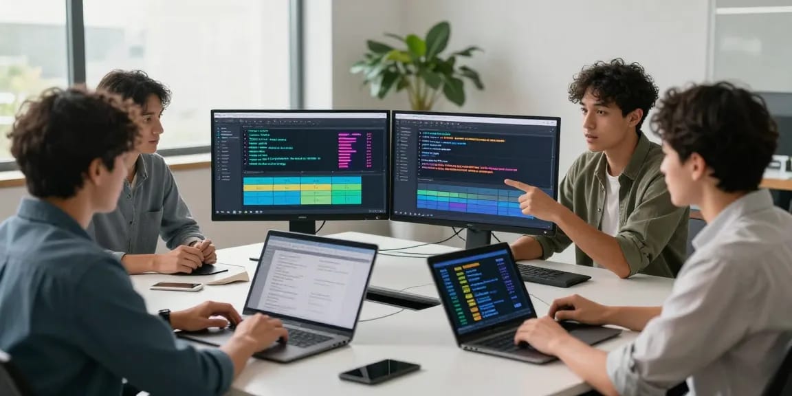Professionelles Team bei der Arbeit mit dem Untertitel-Übersetzer in modernen Büroumgebung.