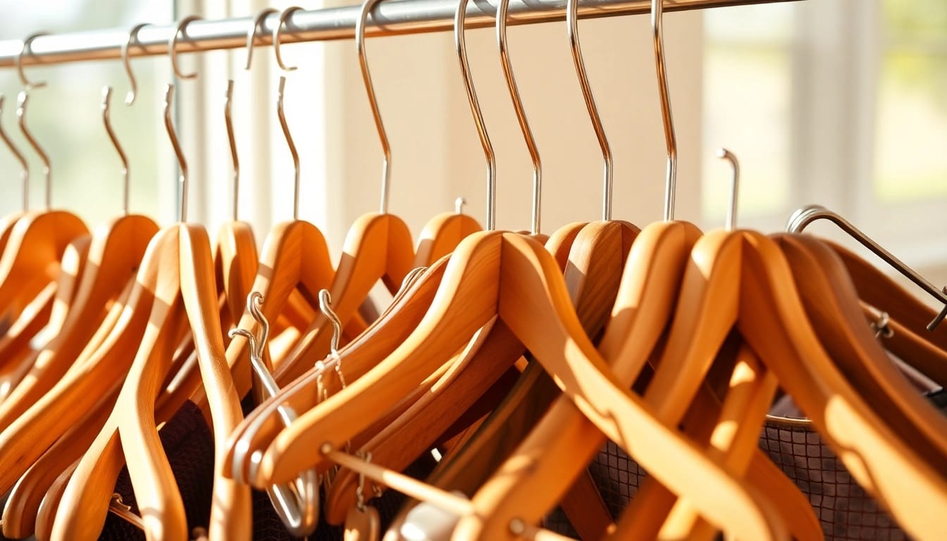Kleiderbügel Hersteller showcasing premium wooden and metal hangers for elegant clothing storage solutions.