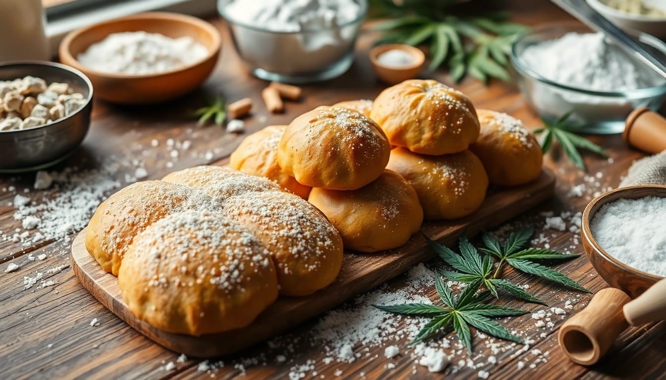 Deliciously baked kekse hasch with cannabis leaves and baking ingredients on a wooden table.