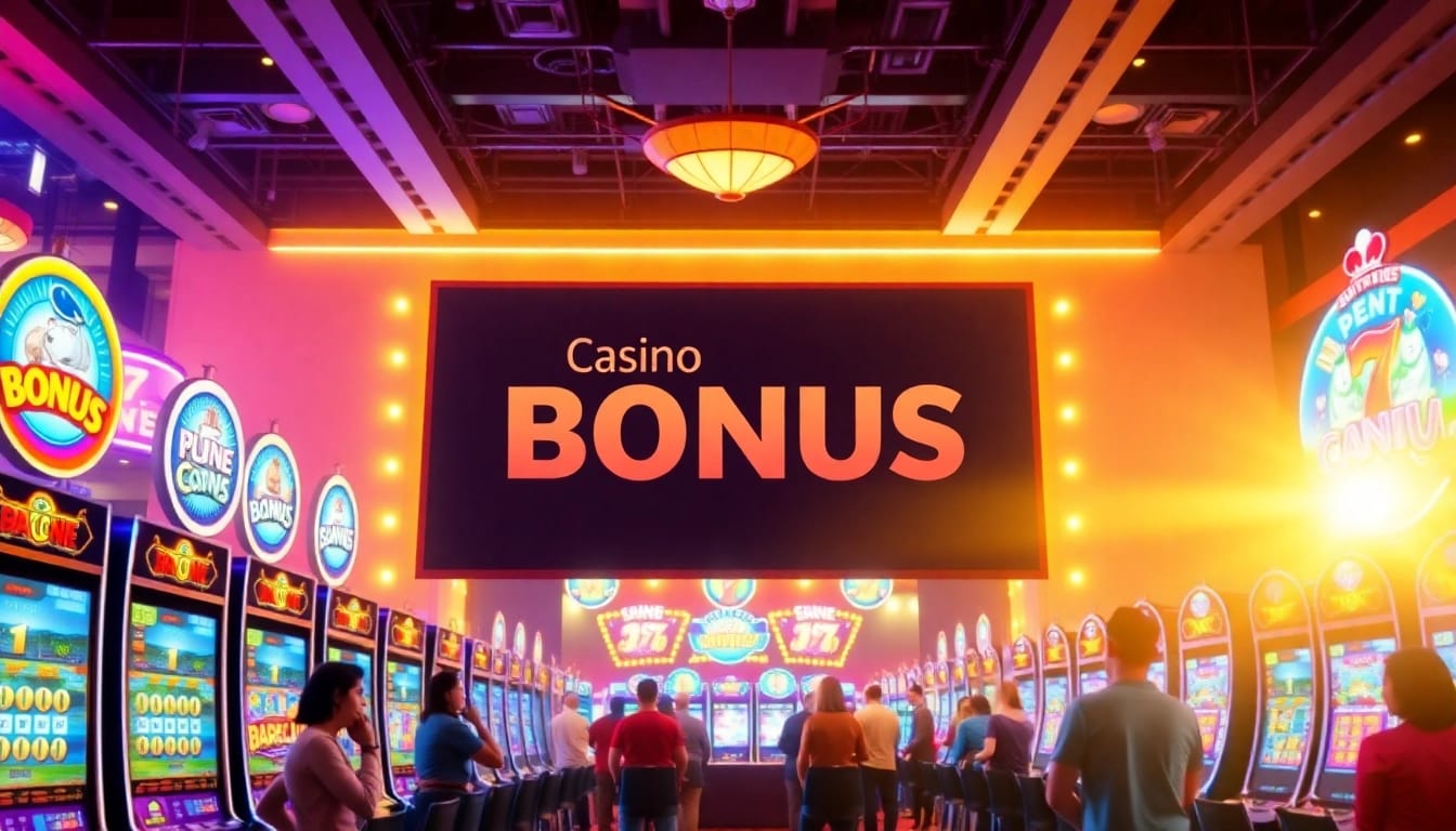 Erlebe einen aufregenden Online Casino Bonus mit leuchtenden Spielautomaten und glücklichen Spielern in einem lebhaften Casino-Ambiente.