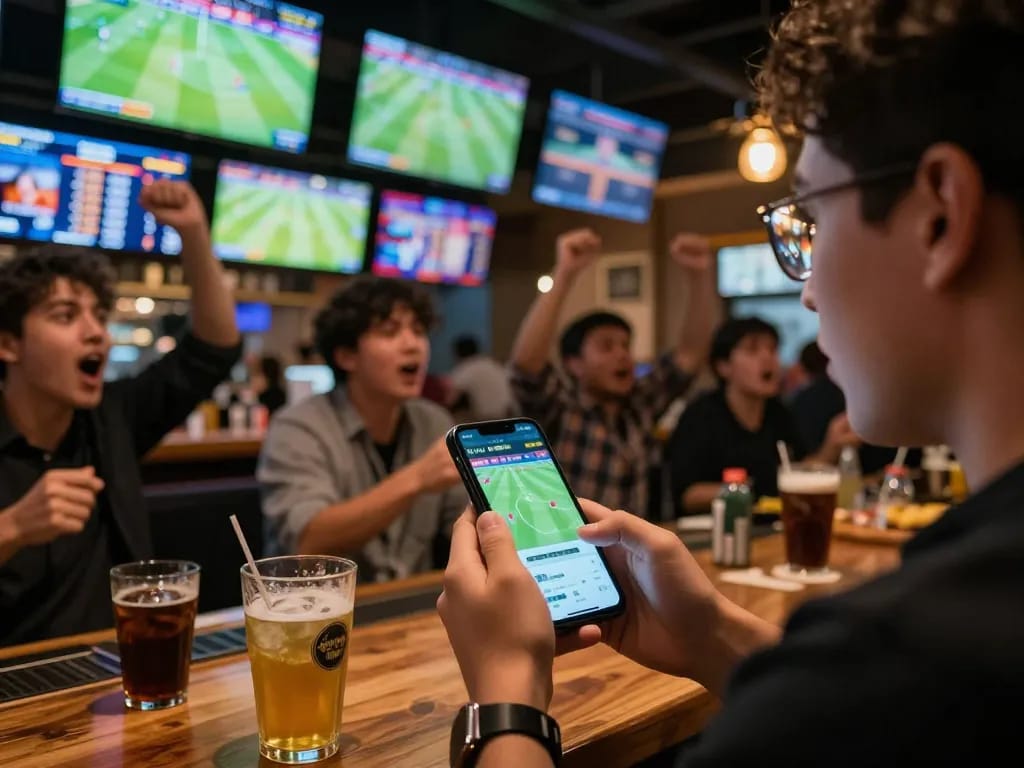 Place live bets on football matches with 7m-7m in a vibrant sports bar atmosphere.