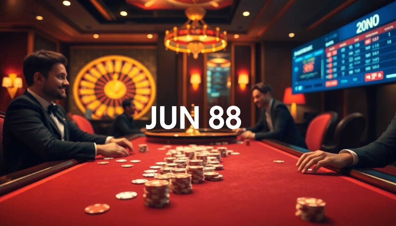 Players enjoying a thrilling game at Jun 88's luxurious casino table with cards and chips.