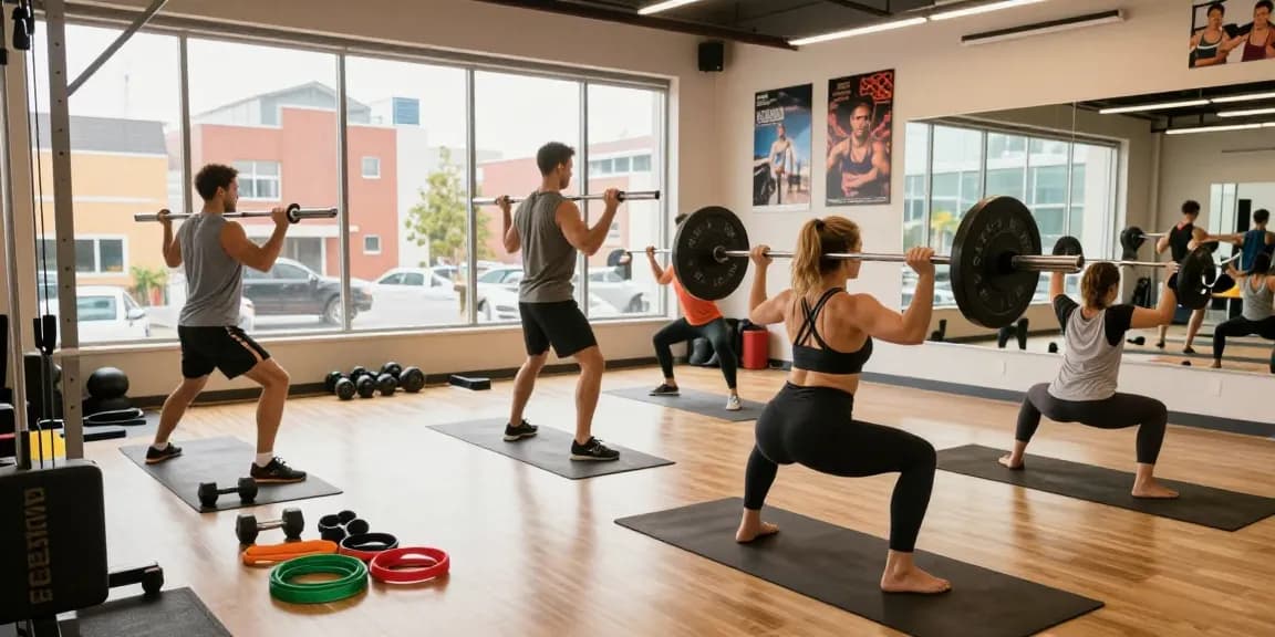 Aktive Fitnessszene in einem hellen Studio mit Übungen und Ausrüstung, Astera Shop im Fokus.