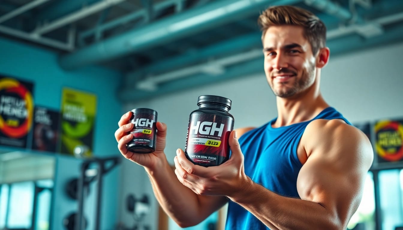 HGH kaufen – Fitness-Trainer zeigt HGH-Präparate in einem modernen Fitnessstudio.