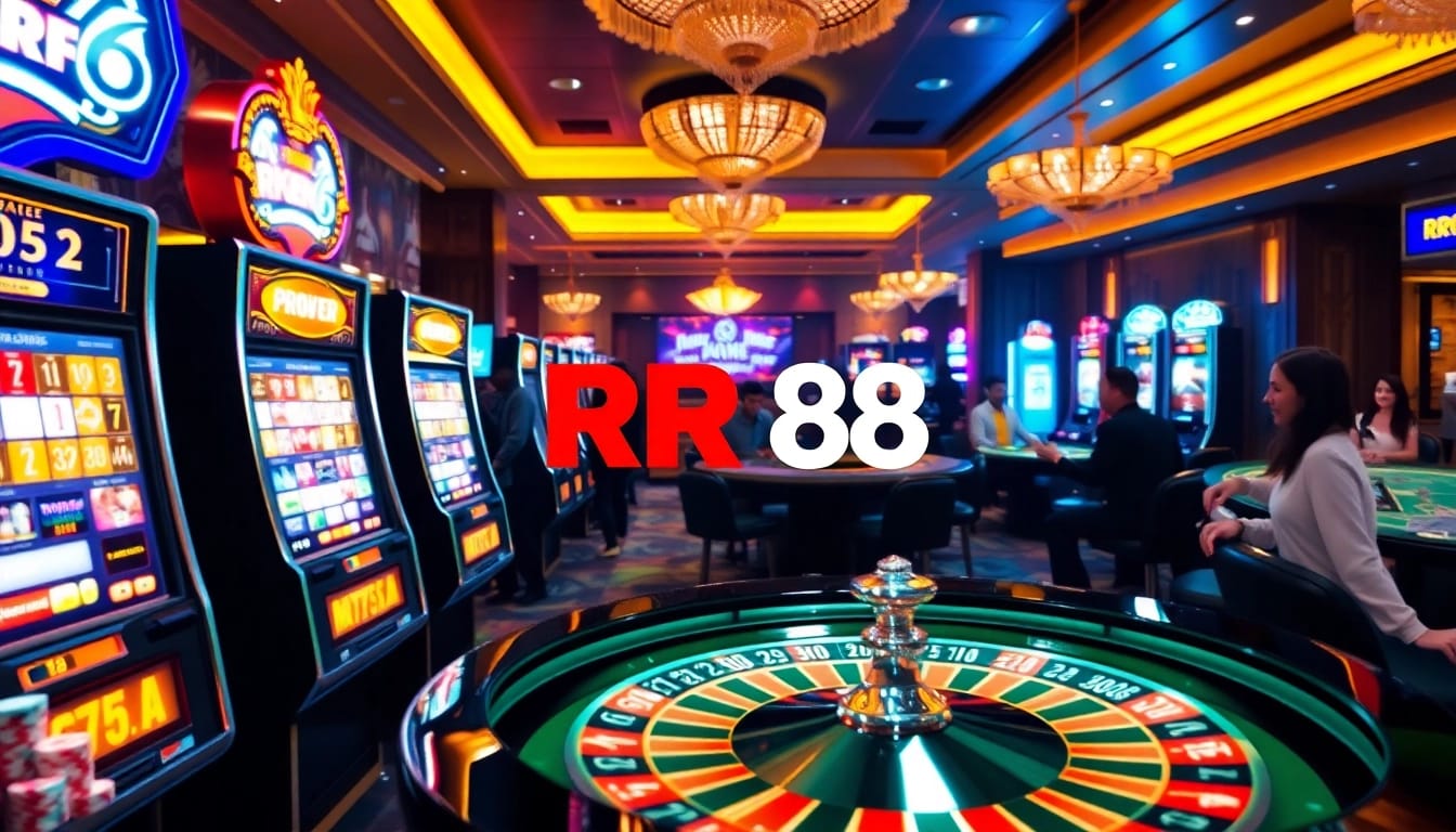Engaging players enjoy RR88 casino games at a vibrant, luxurious gaming table with poker chips and cards.