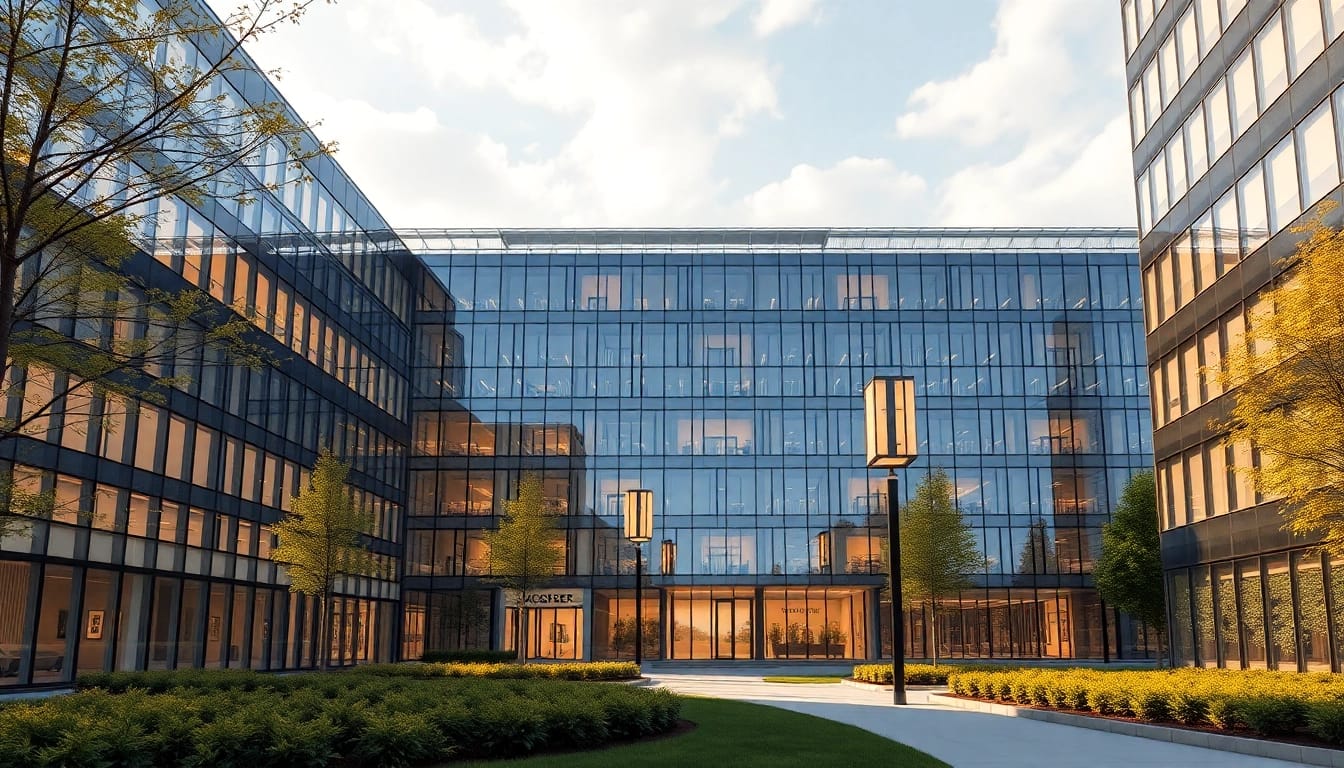 Architekturvisualisierung eines modernen Gebäudes, das durch lebendige Farben und Lichtakzente bestechen.