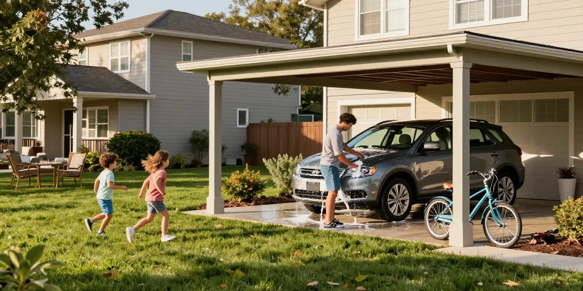 Schicke Carport-Konstruktion schützt Fahrzeuge im Garten.