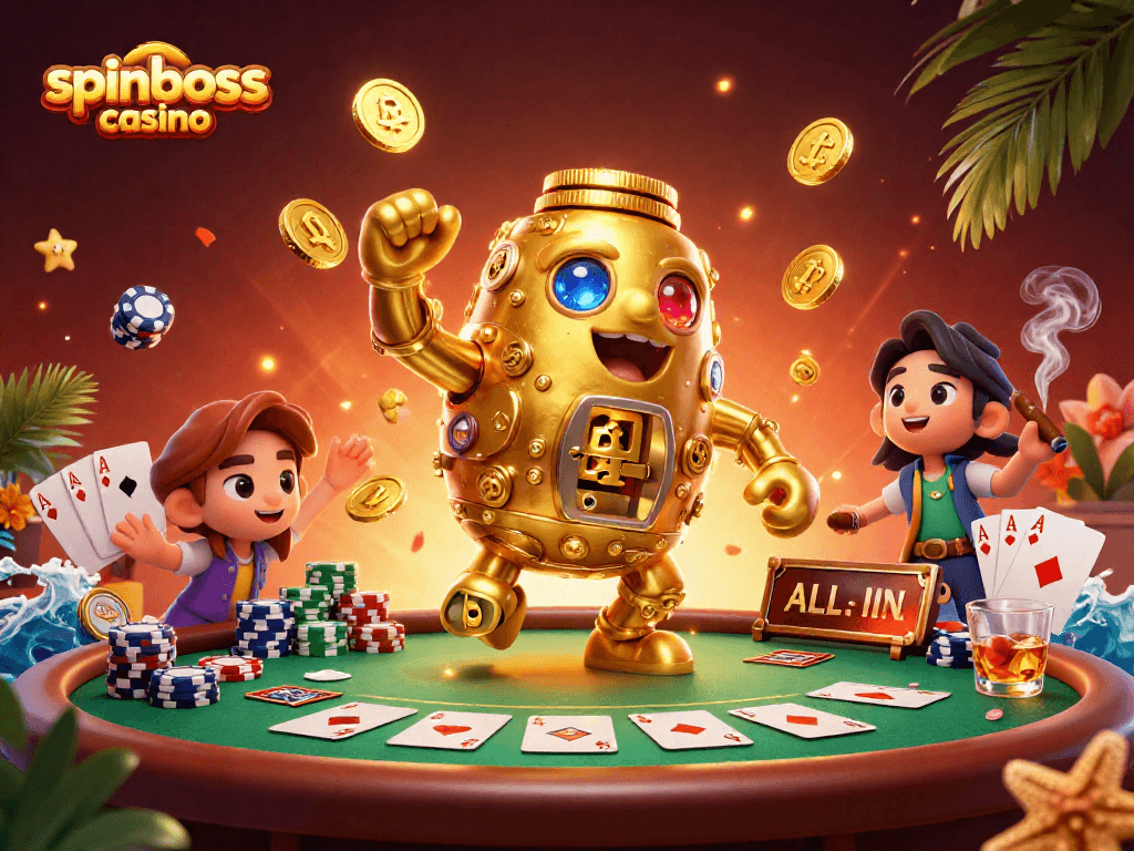 Gewinnstrategien im spinboss casino: Ein goldener Golem umgeben von Pokertischen und Chips.