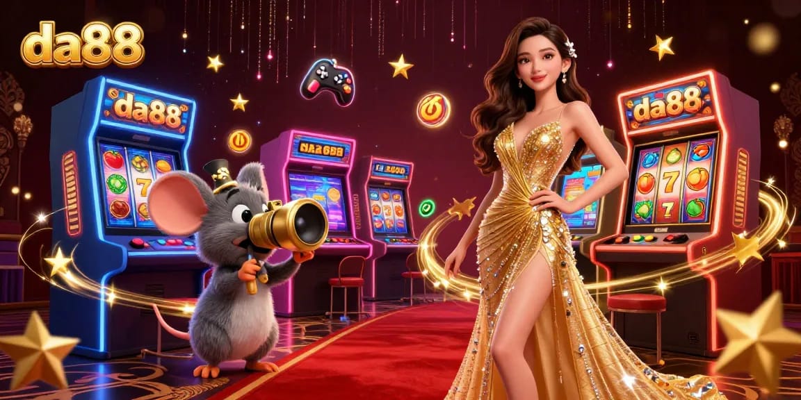 Experience da88's vibrant casino scene, featuring dynamic slots and dazzling visuals with engaging characters.