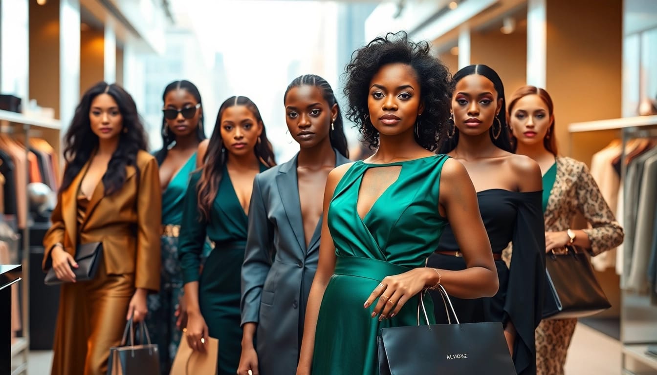 Models showcasing Alvionz luxury fashion collection in a stylish boutique.