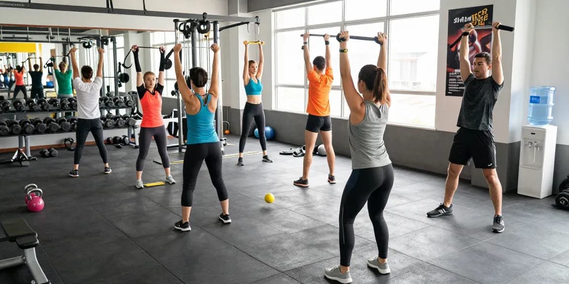 Aktive Fitness-Enthusiasten im Selliza Shop Fitnessstudio, die verschiedene Übungen ausführen.