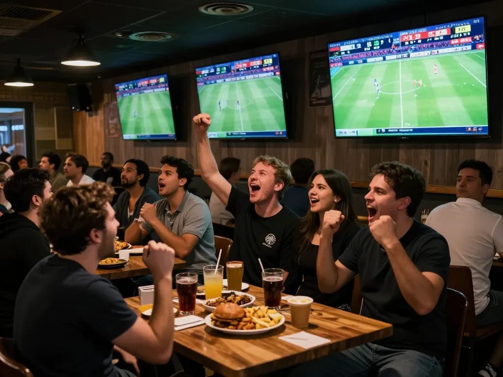 Kết quả bóng đá displayed live in an energetic sports bar with fans cheering and betting
