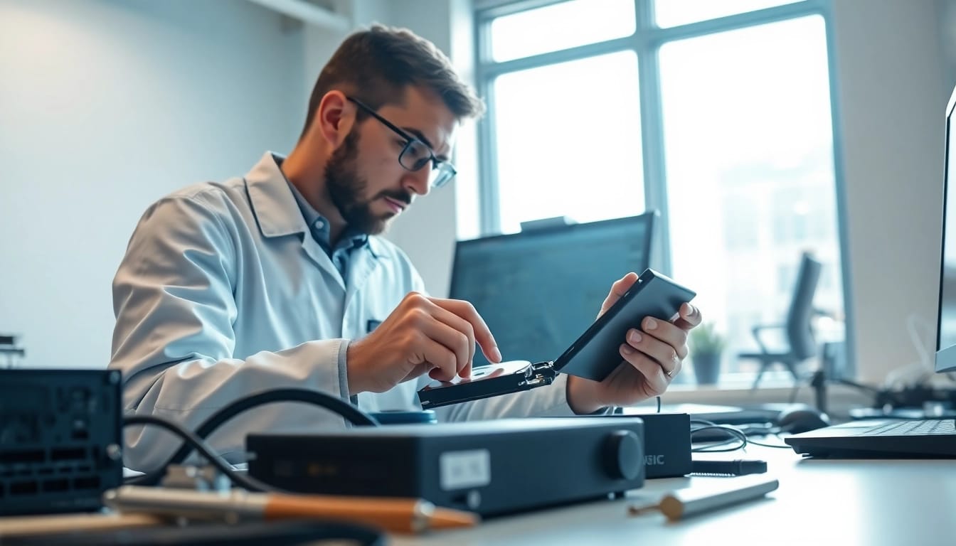 Datenrettung externe Festplatte wird von einem Techniker in einem modernen Büro durchgeführt.