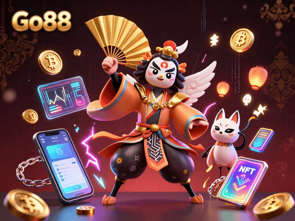 Win big with Go88 in this vibrant 3D casino illustration showing traditional characters interacting with modern digital elements.