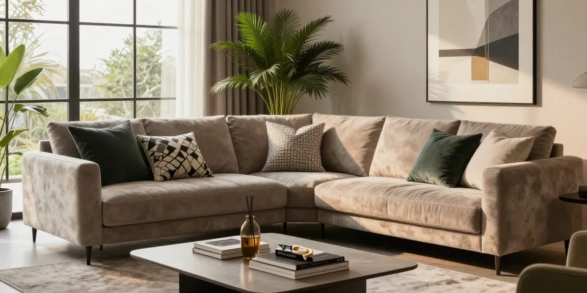 Baxter Möbel Erfahrungen in einem stilvollen Wohnzimmer mit einem eleganten Sofa und einem Designer, der die Dekoration anordnet.