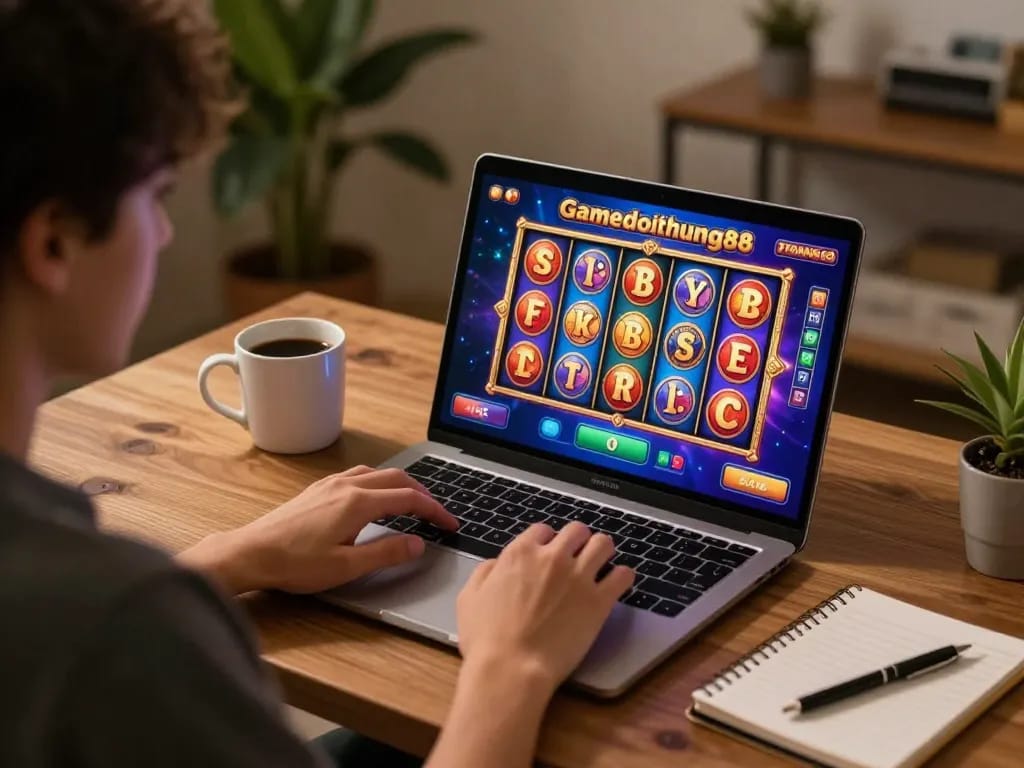 Person engaging in online slots gameplay on gamedoithuong88 site, showcasing vibrant graphics and strategic setup.