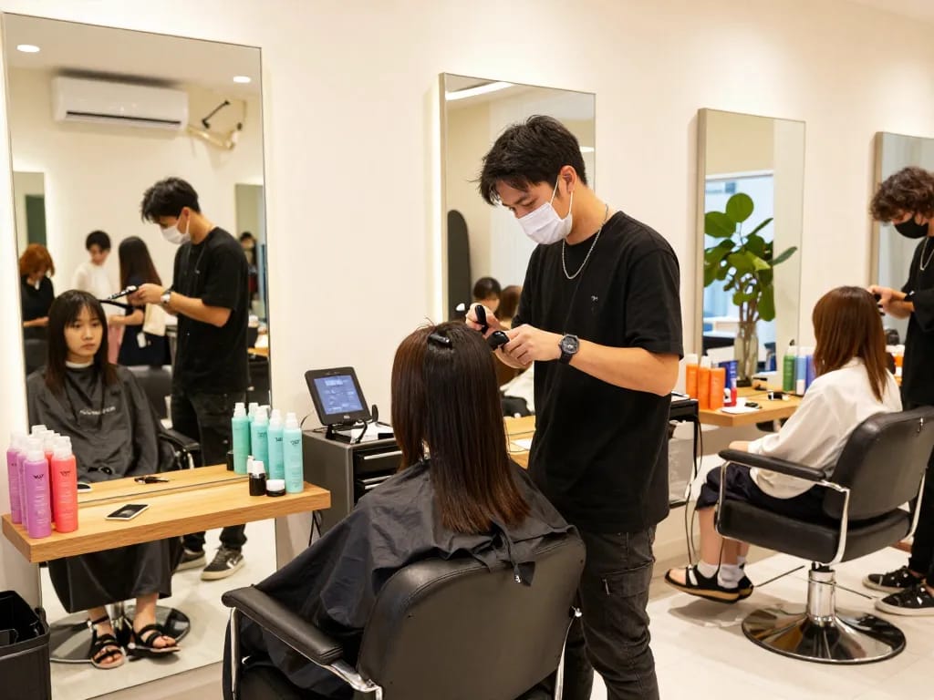 hair salon Singapore with vibrant atmosphere, stylist cutting hair in modern salon