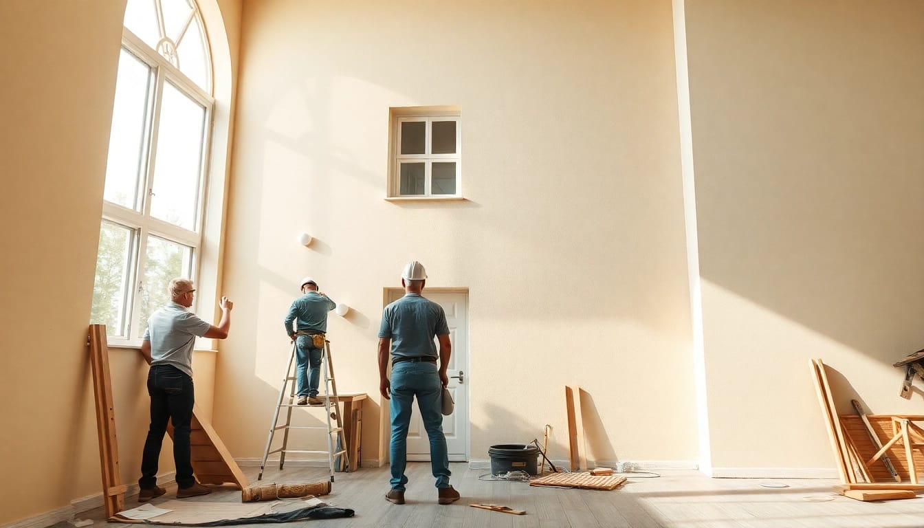 Hausrenovierung: Handwerker renovieren ein charmantes Haus in hellen Farben.