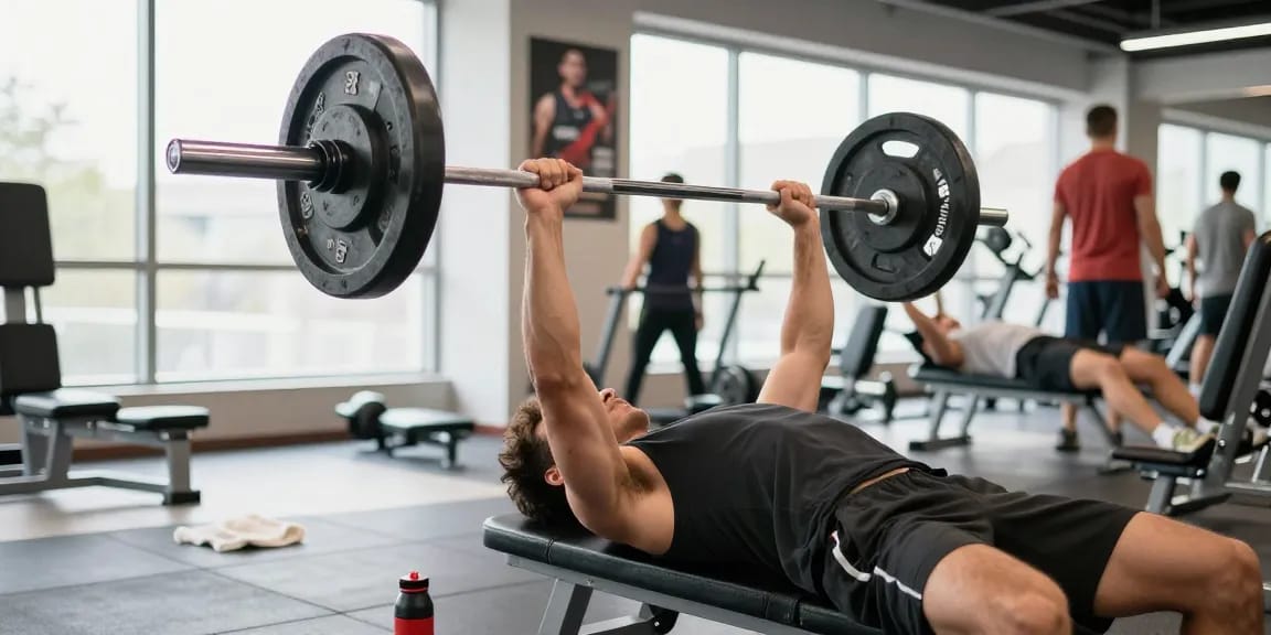 Anabolika Shop: Athlet beim Bankdrücken im modernen Fitnessstudio mit motivierender Umgebung.