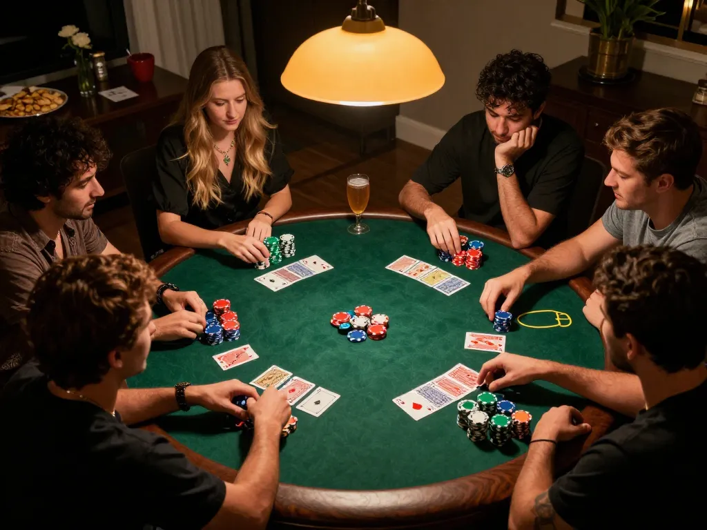 GO88 players enjoying a vibrant home poker night, chips and cards set for an engaging game.