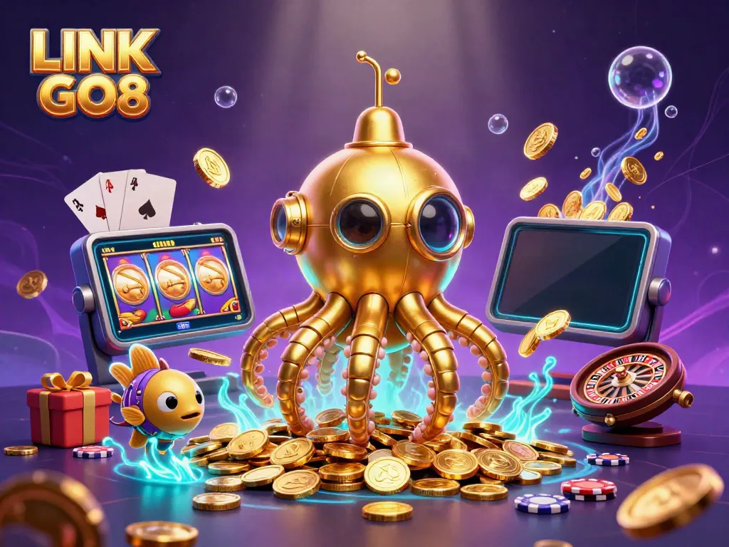 Experience thrilling gameplay with LINK GO8, where a golden kraken submarine explores a treasure of golden coins.