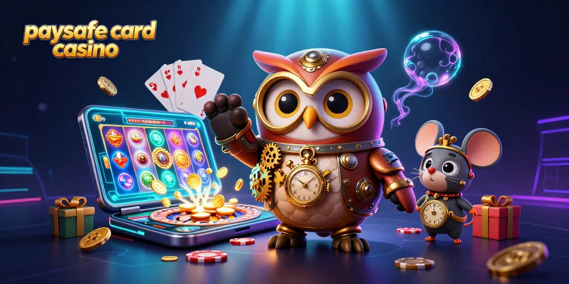 Tauchen Sie ein in die Paysafe Card Casino Aufregung, mit einer verspielten Eule und einer Uhrwerk-Maus zwischen lebhaften Spielelementen.