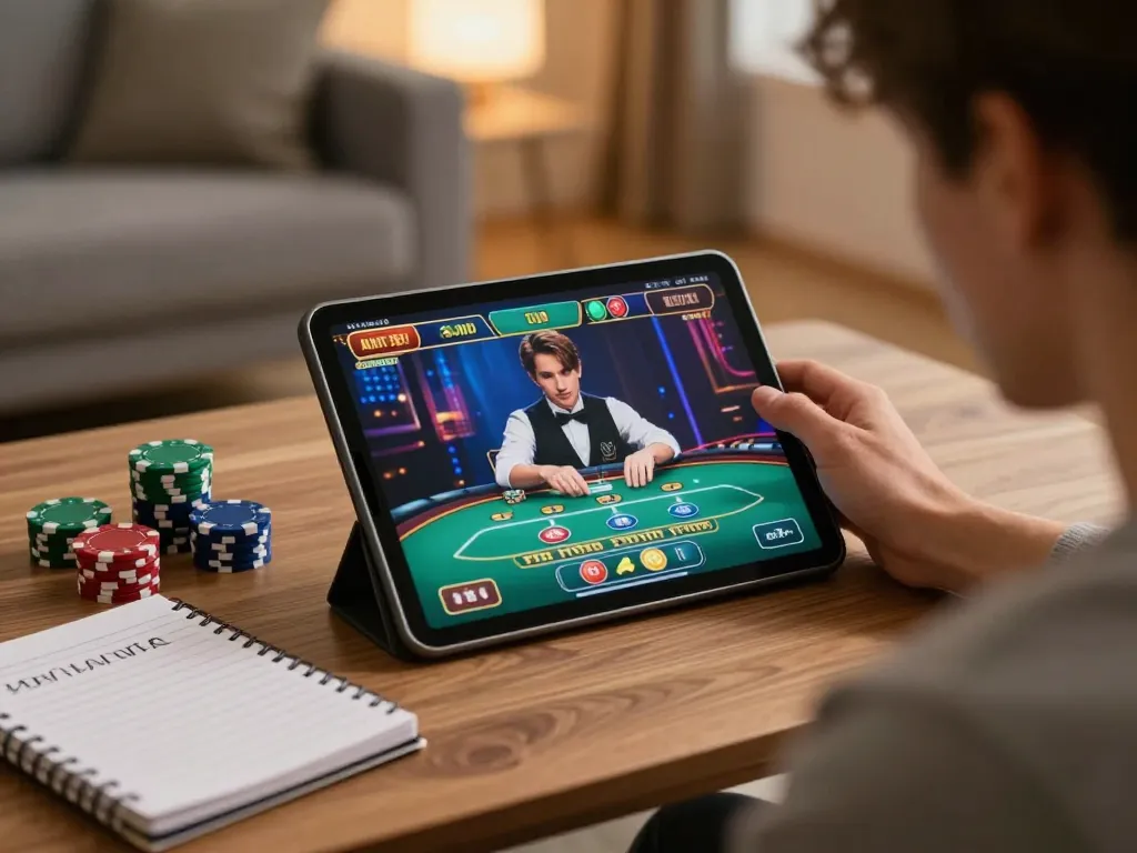 MB66 online gaming experience with focused player strategizing on a tablet during a live casino game.
