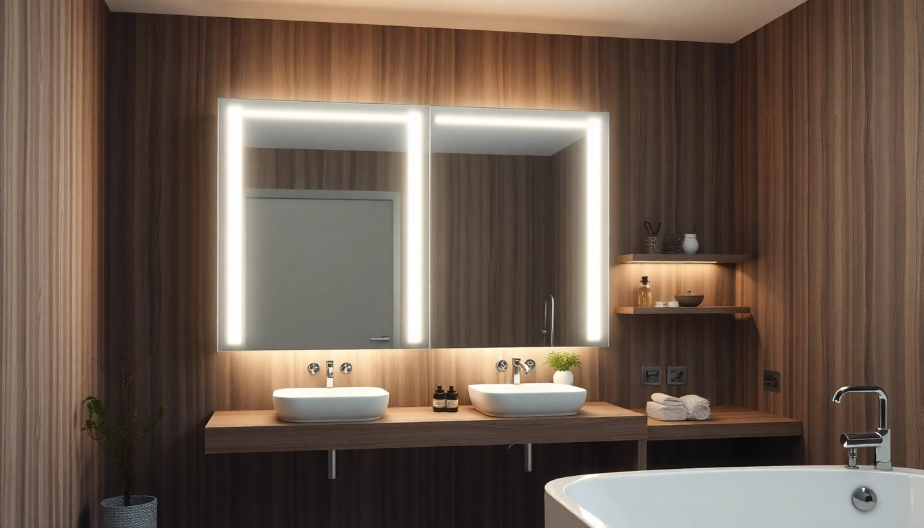Eleganter spiegelschrank mit led Beleuchtung in modernem Badezimmer.