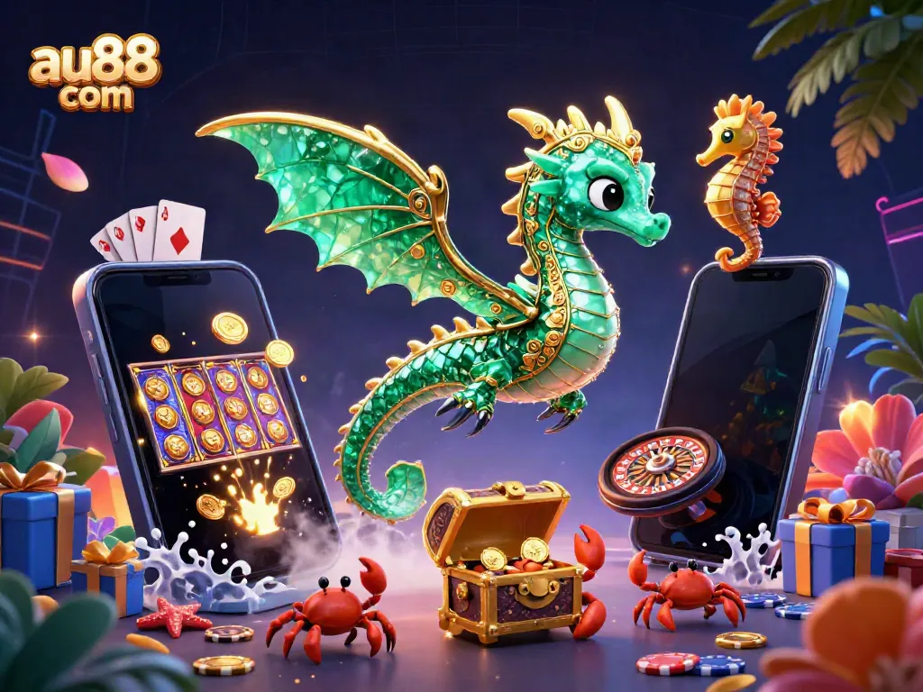 Spin the reels at au88 com with a captivating sea dragon and vibrant casino elements.