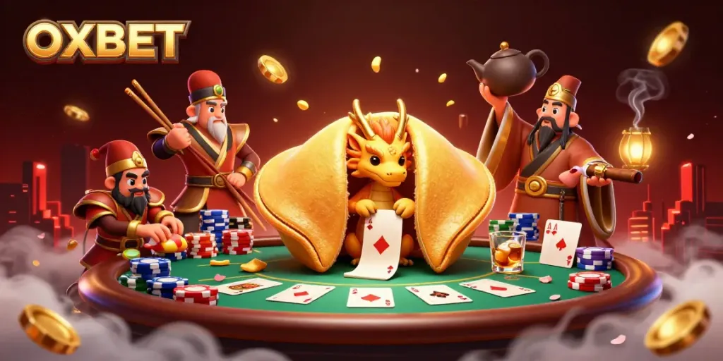 Experience the charm of OXBET with a magical casino scene featuring dynamic characters and poker elements.