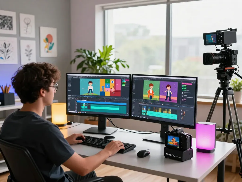 Creator using motion control technology to animate videos in vibrant production studio.