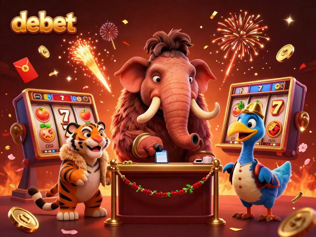 Experience the lively debet casino scene featuring a mammoth bouncer, saber-tooth tiger guest, and vibrant slot games.