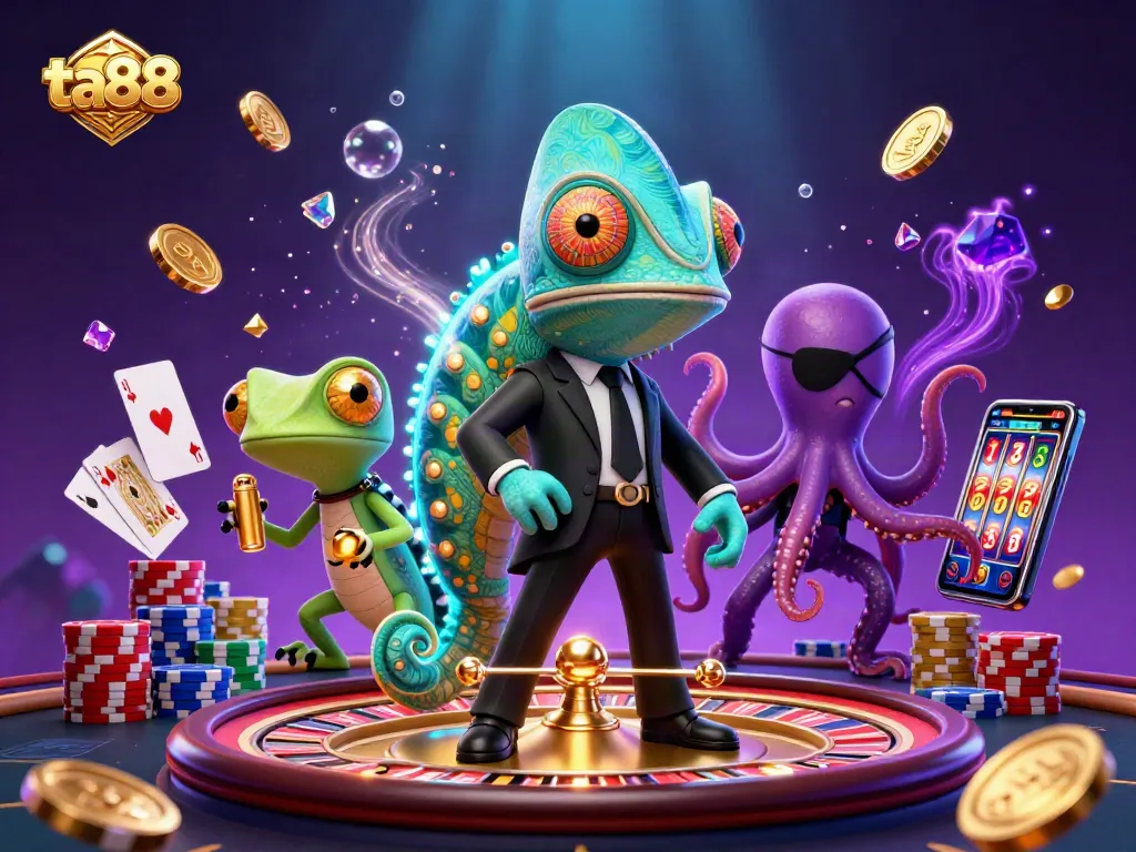 Experience winning opportunities at ta88 with a vibrant casino scene featuring a secret agent chameleon.