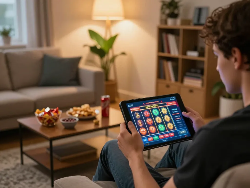 Person engaging in online casino gaming on RR88 platform with a tablet, showcasing vibrant slot interface.