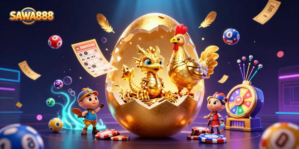 Experience thrilling gameplay on SAWA888 with a cartoon golden dragon and lively casino elements.